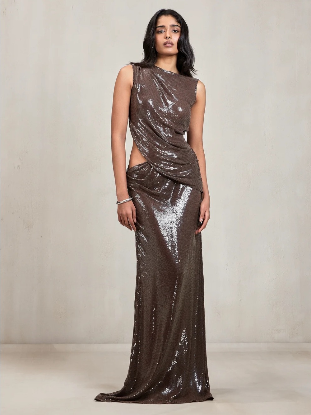 Deme by Gabriella $505 Maxi Dress Brown Sequin Spencer Set Wedding Guest S/M